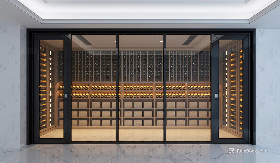 Luxurious Wine Cellar Interior Design With Glass Doors And Wooden Wine Racks 3d model 