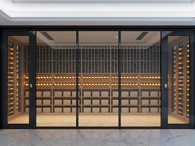 Luxurious Wine Cellar Interior Design With Glass Doors And Wooden Wine Racks 3d model
