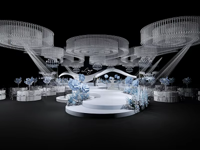 Modern Elegant Wedding Banquet Hall With Crystal Chandeliers White Blue Decor Round Stage Tables Chairs 3d model