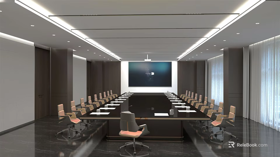 Modern Conference Room With Long Table Comfortable Chairs Large Screen And Projector 3d model 