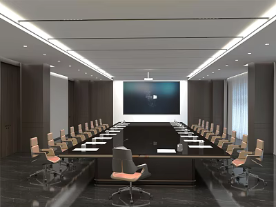 Modern Conference Room With Long Table Comfortable Chairs Large Screen And Projector 3d model