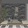 Chinese Style Tea Table and Chairs with Rock Wall Backdrop Scroll Painting and Stone Statues