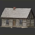 Log Cabin Model With Weathered Wooden Structure Roof Chimney Windows And Door