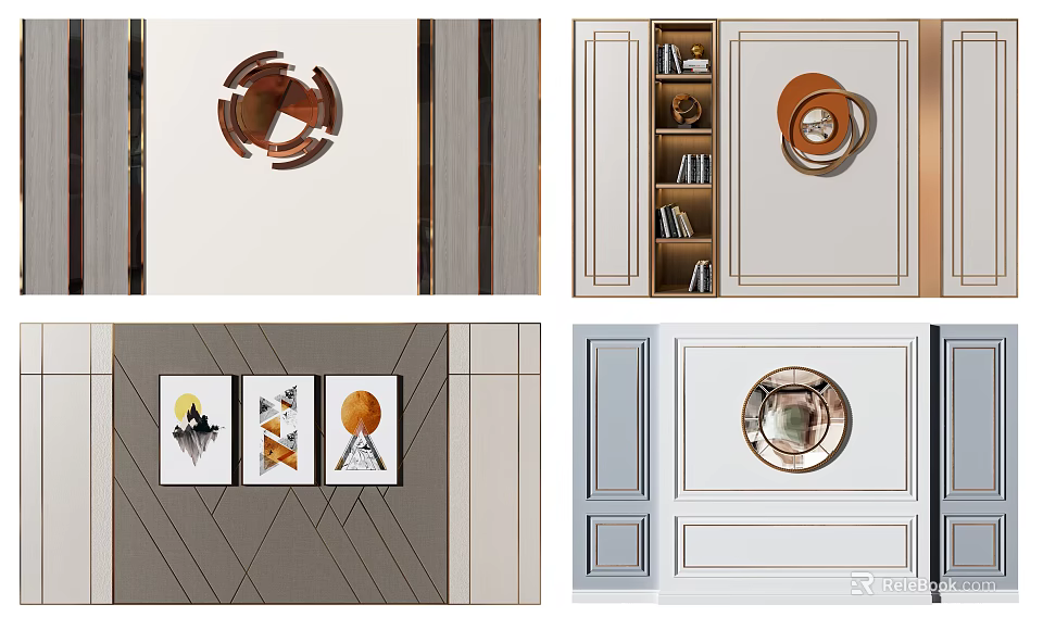 Modern Interior Wall Design With Circular Decor Bookshelf And Framed Art 3d model