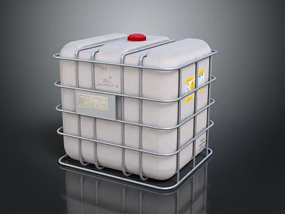 White IBC Tote With Metal Frame Red Cap And Warning Labels 3d model