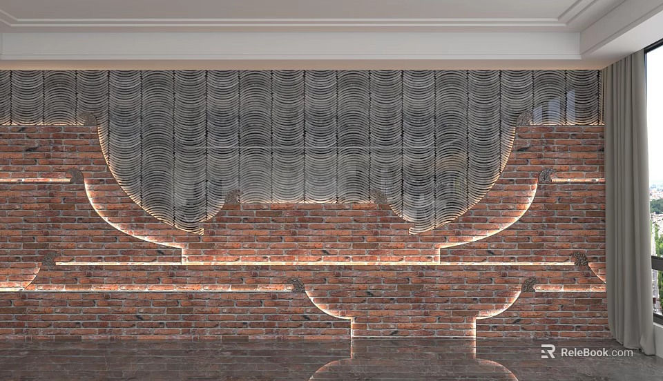 Modern Accent Wall Design With Brick Texture Wavy Pattern And LED Strip Lighting 3d model 