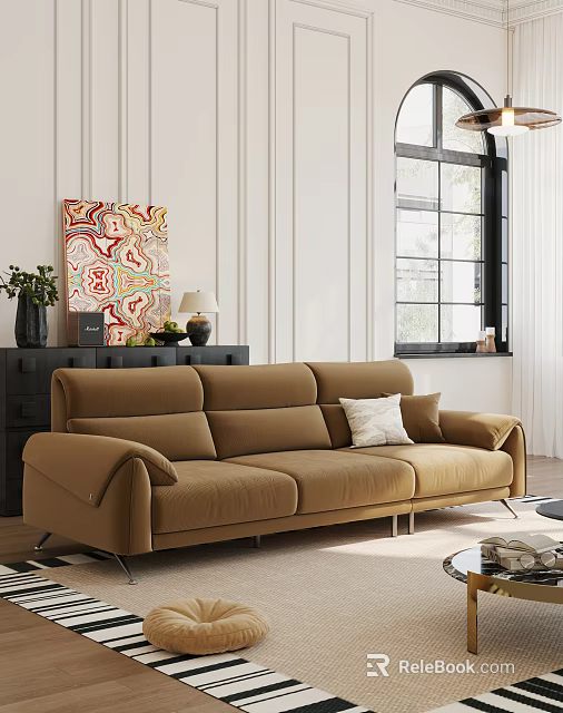 Modern Brown Multi Seater Sofa With Abstract Art And Green Plants In Bright Living Room 3d model 