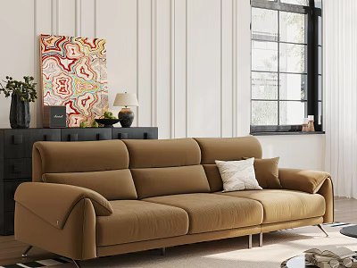 Modern Brown Multi Seater Sofa With Abstract Art And Green Plants In Bright Living Room 3d model
