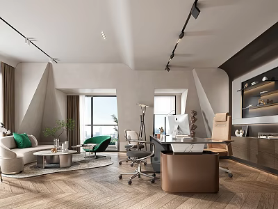 Modern Office Interior With Green Cushioned Sofa Coffee Table Potted Plant And Workstation Desk 3d model