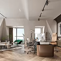 Modern Office Interior With Green Cushioned Sofa Coffee Table Potted Plant And Workstation Desk