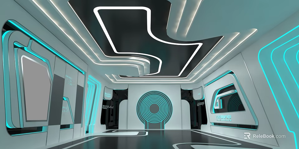 Futuristic Interior Space With Modern Tech Lighting And Curved Ceiling Design 3d model