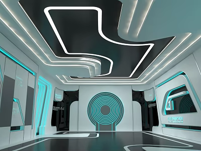 Futuristic Interior Space With Modern Tech Lighting And Curved Ceiling Design 3d model