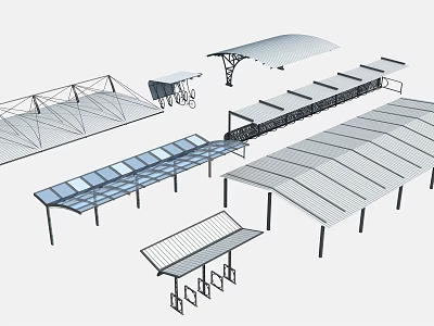 Parking Lot Different Modern Canopy Styles With Metal Frame And Transparent Roof 3d model