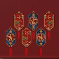 Chinese Traditional Festive Lanterns With Ji Character Patterns And Tassels On Red Background