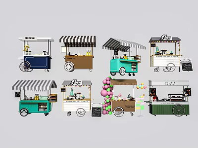 Colorful Food Carts with Striped Awnings Menu Boards and Decorative Elements 3d model