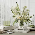 Decorative Ornament Set With White Flower Bouquet Green Fruits Books Candle Notebook And Transparent Vase