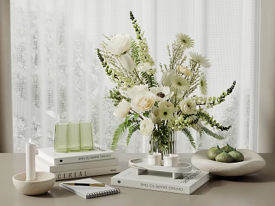 Decorative Ornament Set With White Flower Bouquet Green Fruits Books Candle Notebook And Transparent Vase 3d model