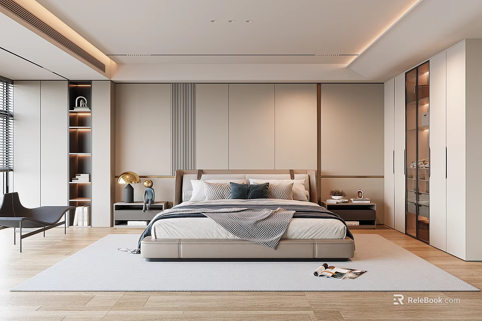 Modern Bedroom Interior Design With Large Bed Nightstands Soft Rug And Wooden Flooring 3d model 
