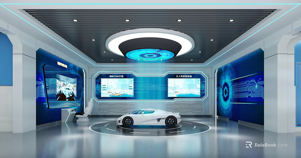 Futuristic Exhibition Hall Interior With White Sports Car And Digital Screens 3d model 