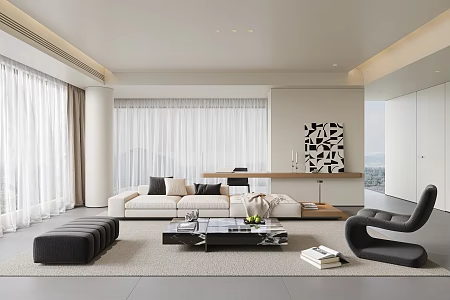 Modern Living Room Large Flat Floor Living Room Sofa Coffee Table Combination Fabric Multi-person Sofa Marble Coffee Table Leisure Chair Floor Lamp Curtain Decorative Painting Jewelry Ornaments 3d model
