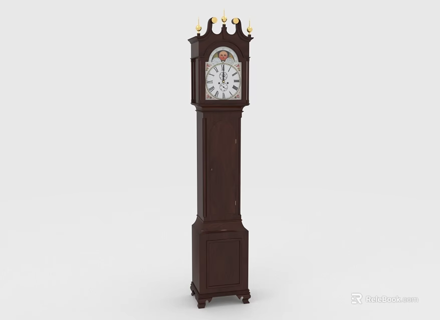 Dark Wooden Grandfather Clock With Decorative Spire Top And Classic Clock Face 3d model 