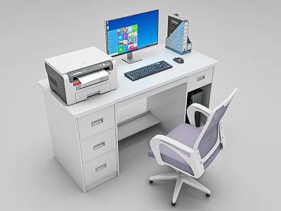Modern Office Chair with White Desk Printer Computer Monitor Keyboard and Mouse 3d model