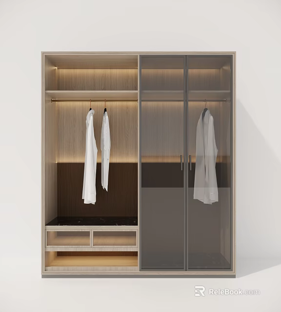 Modern Wooden Wardrobe Interior Design With Glass Doors Hanging Area And Lighting 3d model 