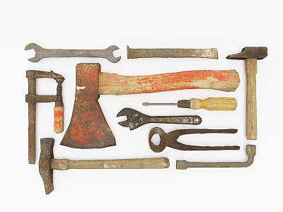 Vintage Hardware Tools Collection Including Wrench Axe Hammer Pliers And Screwdriver 3d model