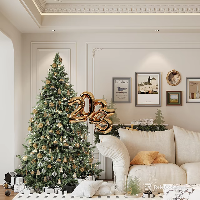 Cozy Living Room With Festive Christmas Tree 2025 Decorations Sofa And Wall Art 3d model 
