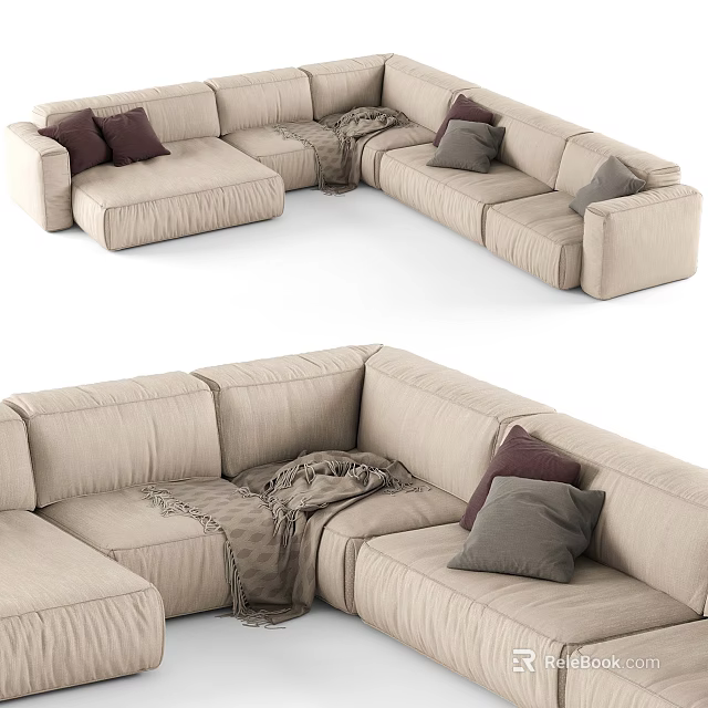 Beige Sectional Sofa With Plush Brown And Gray Pillows And Throw Blanket 3d model