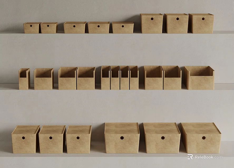 Brown Cardboard Storage Boxes In Various Sizes Arranged On White Shelf 3d model