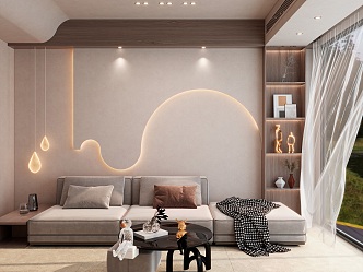 Modern three-seat sofa cream-shaped sofa wall with arc lights 3d model