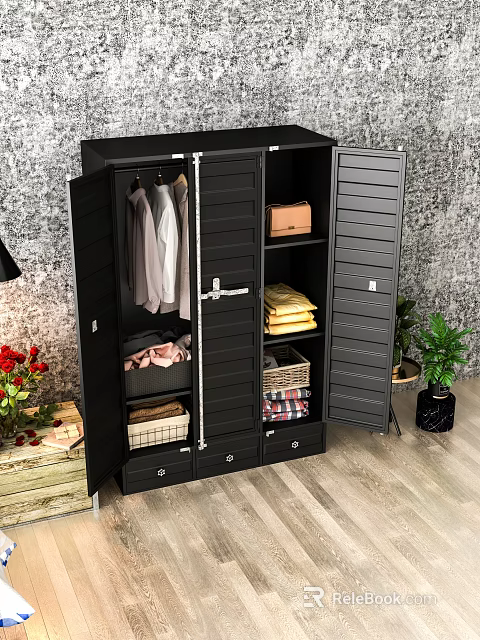 Modern Black Wardrobe With Slatted Doors Hanging Clothes Storage Baskets And Drawers 3d model 