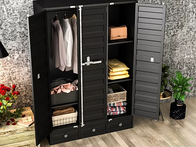 Modern Black Wardrobe With Slatted Doors Hanging Clothes Storage Baskets And Drawers 3d model