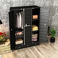 Modern Black Wardrobe With Slatted Doors Hanging Clothes Storage Baskets And Drawers