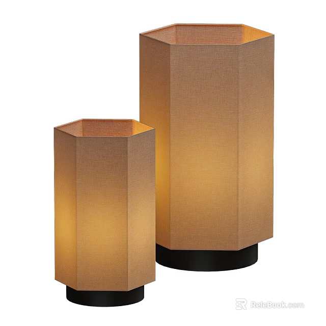 Two Hexagonal Table Lamps With Beige Fabric Shades And Black Bases Emitting Warm Light 3d model 
