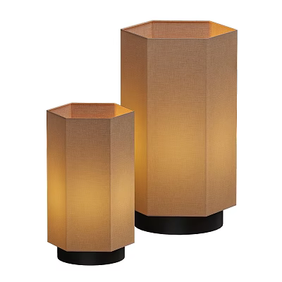 Two Hexagonal Table Lamps With Beige Fabric Shades And Black Bases Emitting Warm Light 3d model