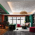 Modern Living Room Interior With Green Sofa Red Ottoman Chandelier Large Windows And Piano