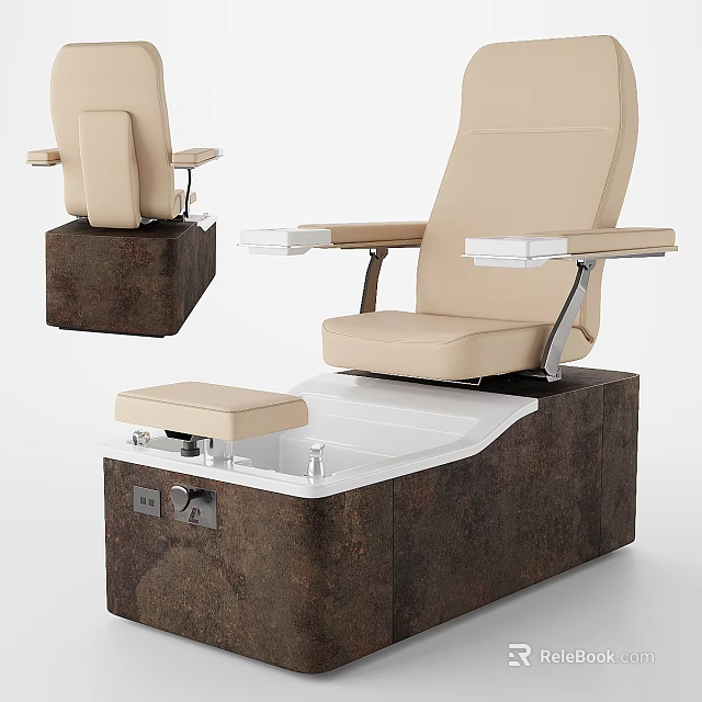 Beige Nail Salon Chair With Armrests And White Foot Basin Dark Base 3d model 