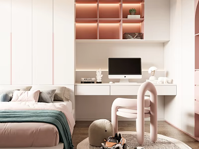 Cozy Pink Tatami Bedroom Interior With White Desk Computer Green Blanket And Lit Bookshelf 3d model