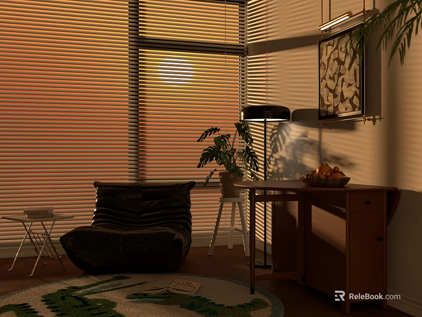 Dining Table with Sunset Light Large Window Blinds Armchair Plant Fruit Bowl and Rug 3d model 