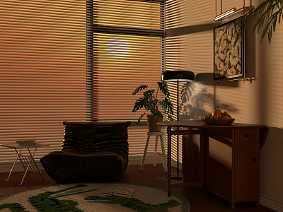 Dining Table with Sunset Light Large Window Blinds Armchair Plant Fruit Bowl and Rug 3d model