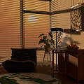Dining Table with Sunset Light Large Window Blinds Armchair Plant Fruit Bowl and Rug