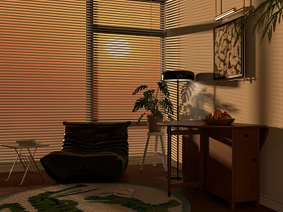 Dining Table with Sunset Light Large Window Blinds Armchair Plant Fruit Bowl and Rug 3d model