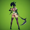 Game Movie Character in Green Tight Outfit with Mask and Black Hair Holding Large Scythe 3d model