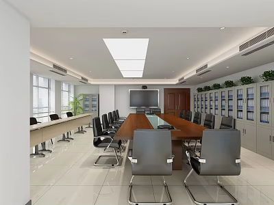 Modern Conference Room With Long Wooden Table Black Chairs Large Screen Windows And Green Plants 3d model