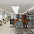 Modern Conference Room With Long Wooden Table Black Chairs Large Screen Windows And Green Plants