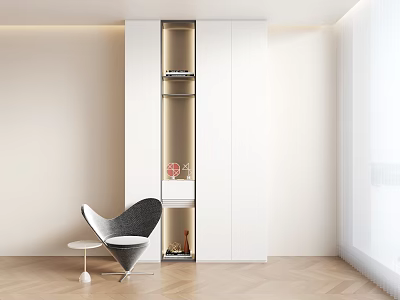Gray Single Sofa in Light Wooden Floor Room with Small Table and White Glass Cabinet 3d model
