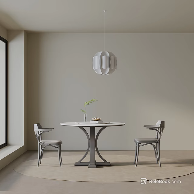 Modern Round Dining Table Set With Two Chairs And Hanging Pendant Light 3d model