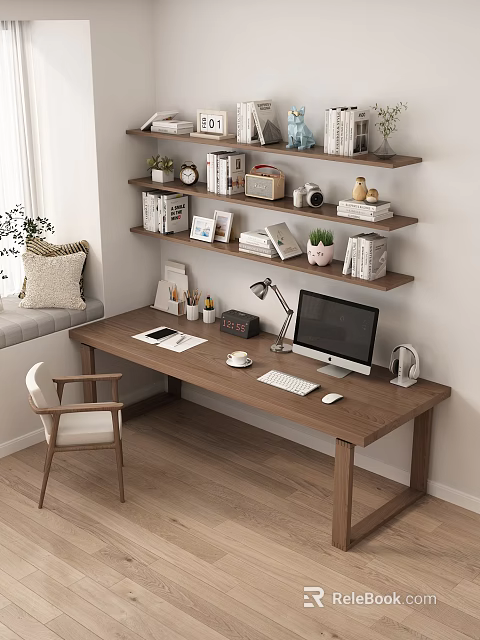 Cozy Desk With Computer Setup Coffee Cup Notebook Table Lamp Near Shelves With Books Plant Camera 3d model 